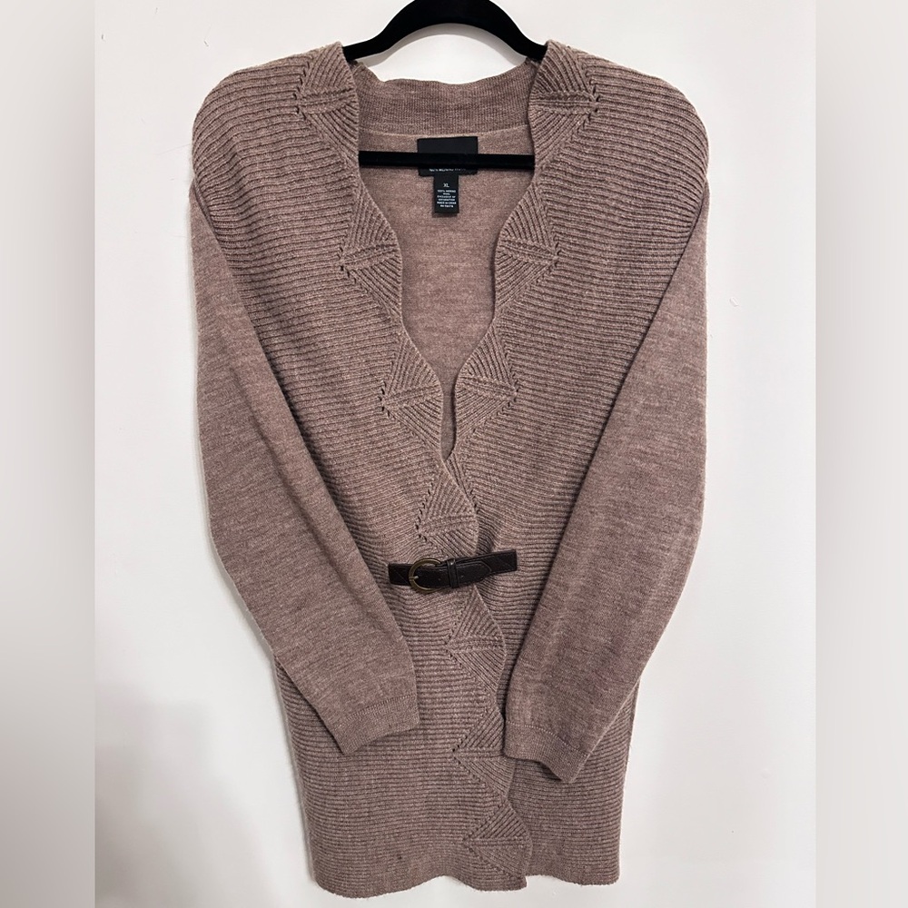 Cynthia Rowley Women's Belted Cardigan Sweater 100% Merino Wool Knitted Beige XL